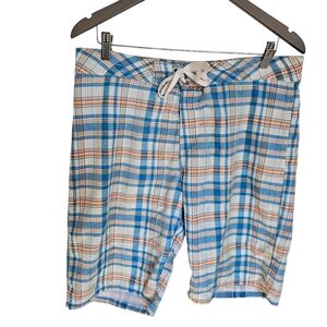 Paul Frank board shorts lined blue orange Plaid velcro tie front 32